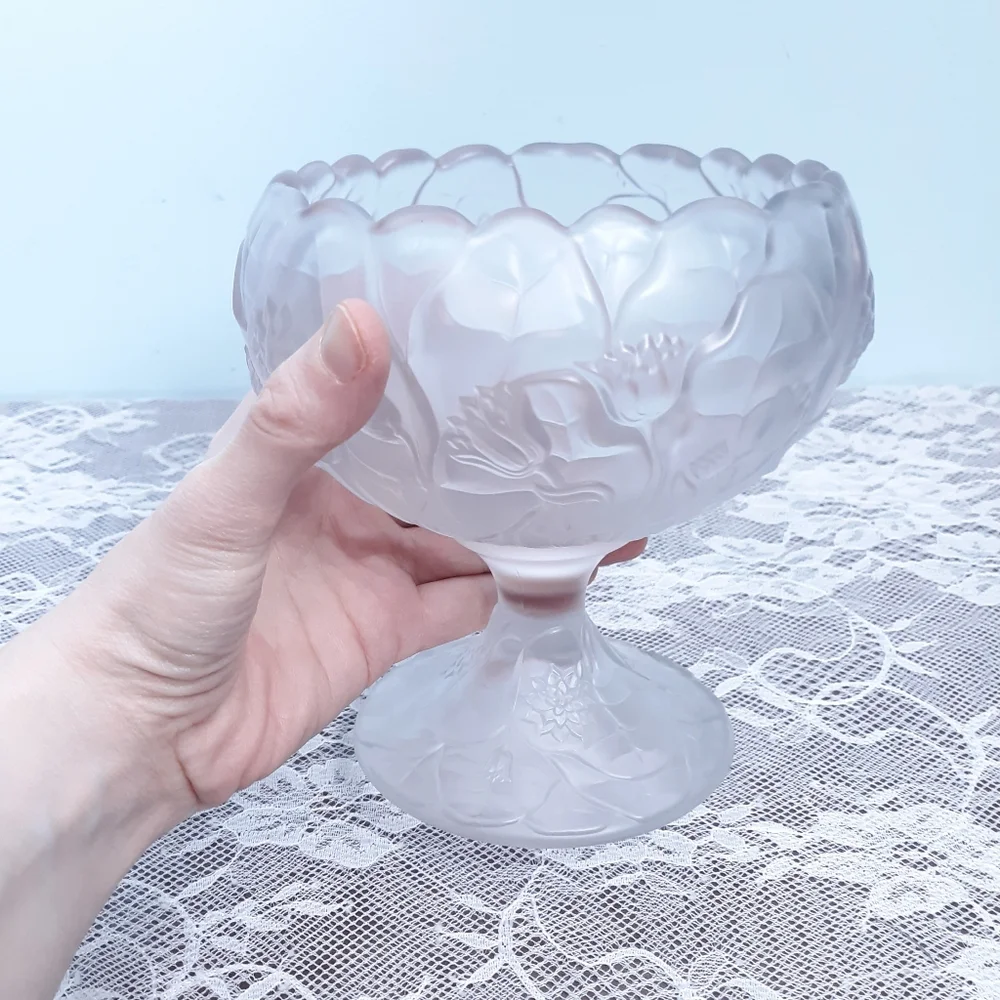 Fenton Satin Glass Water Lily Pedestal Compote Floral Candy Chalice Cup Bowl